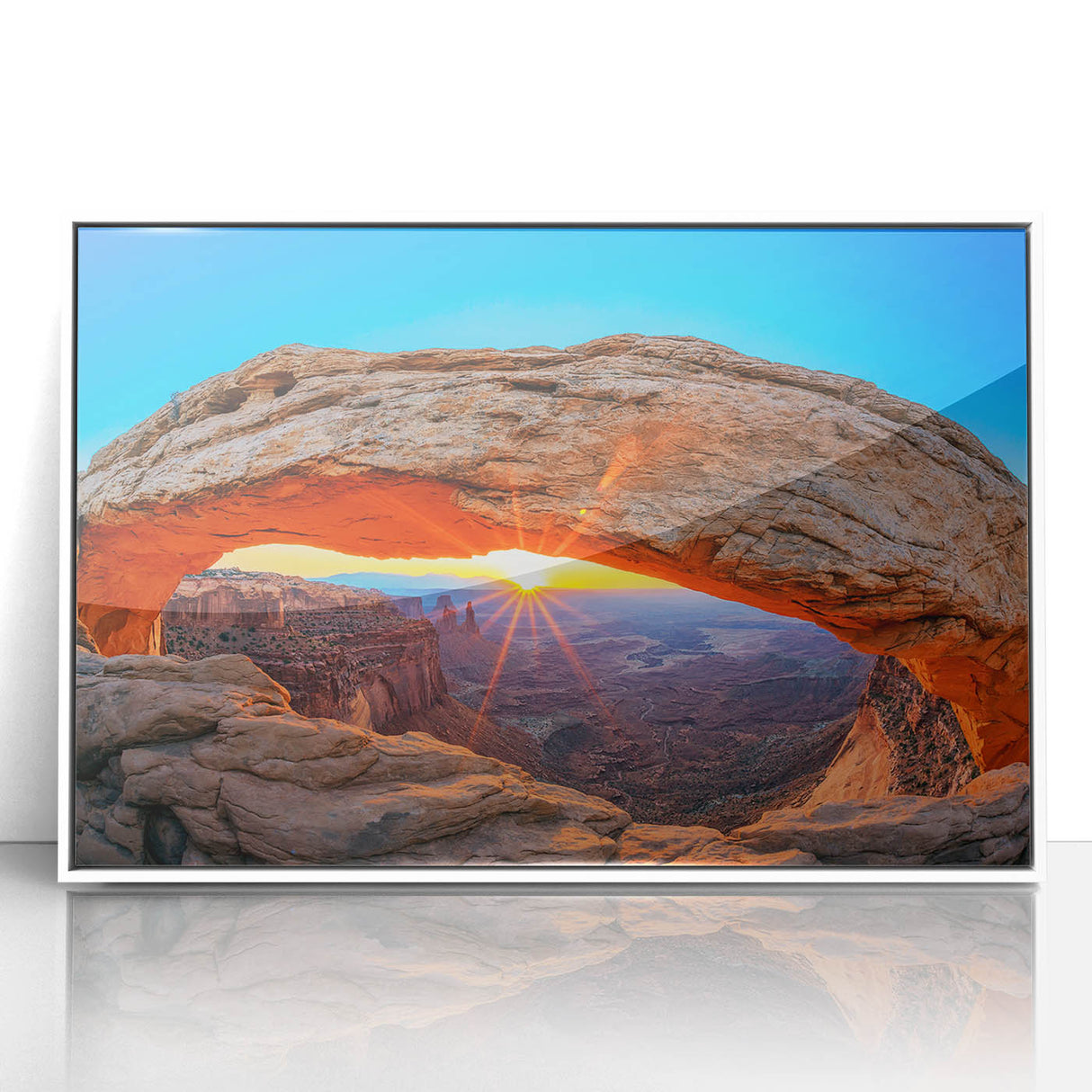 Acrylic print of Canyonlands with muted earth tones in an art deco style, suitable for modern art wall decor.