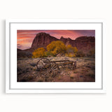 Abstract art print of Capitol Reef in Utah, featuring muted earth tones on a white-framed mat.