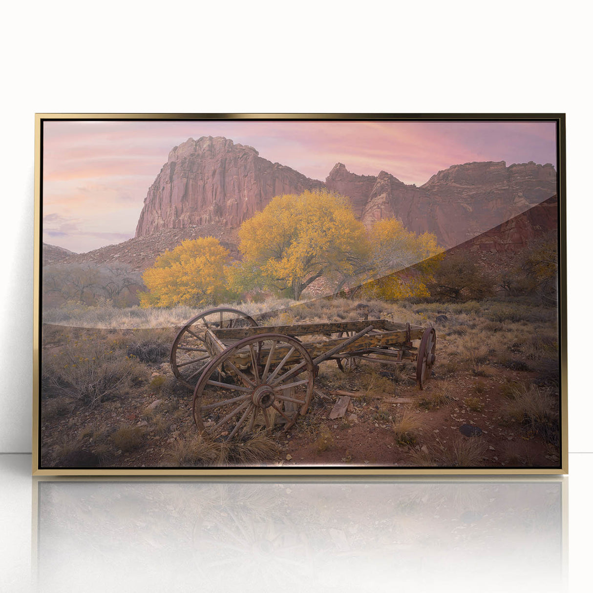 Large art print of Capitol Reef, Utah in a mid-century modernist style, framed acrylic with gold hues.