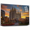 Acrylic print of Salt Lake City with vibrant sunset hues, ideal for dining room art.