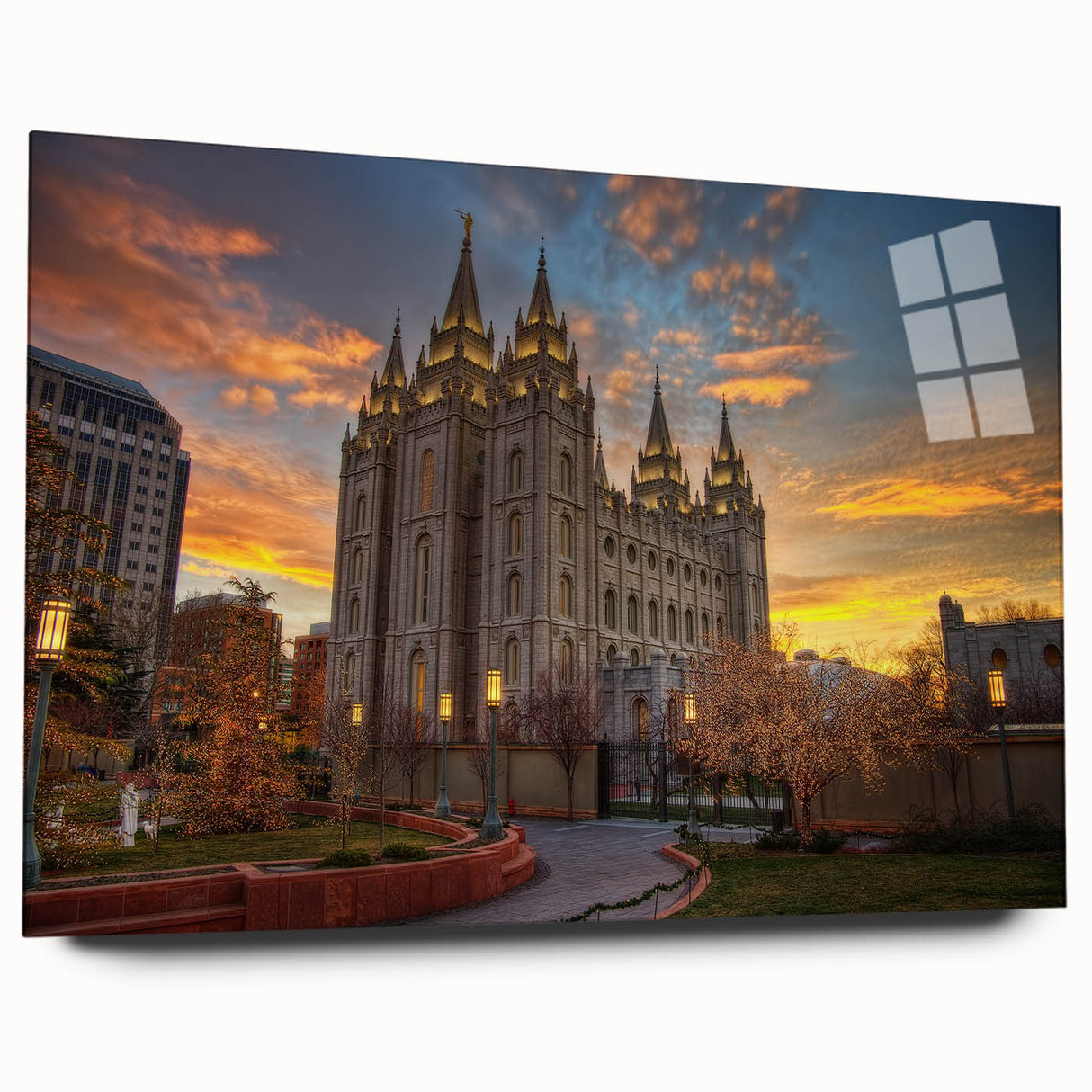 Large abstract depiction of Salt Lake City in muted blue and gray tones on acrylic glass.