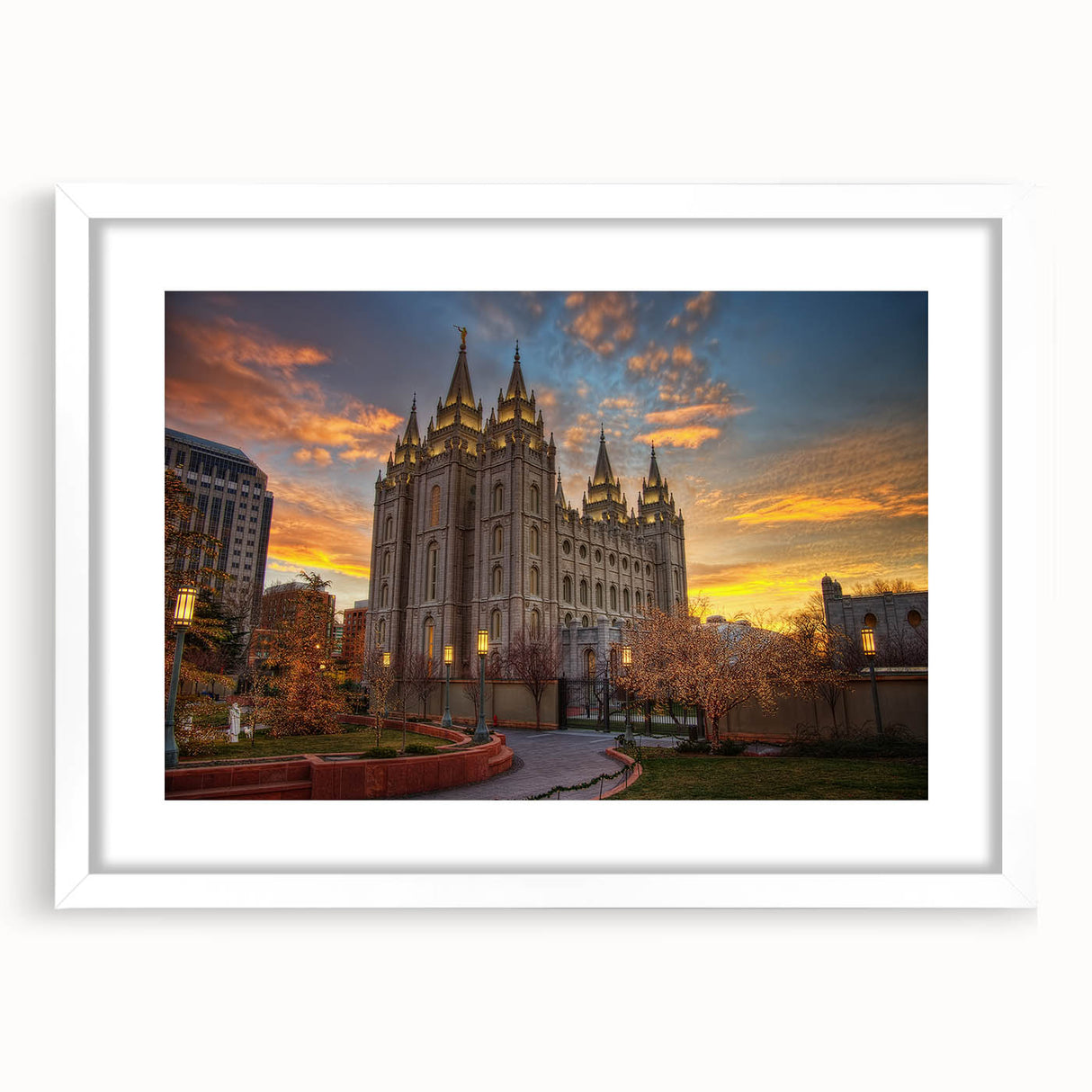 Abstract art print of Salt Lake City with muted blue and gray tones on a white framed canvas, ideal for dining room decor.