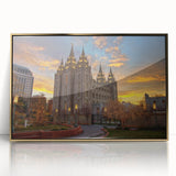 Mid-century modernist art of Salt Lake City skyline in muted gold tones on a framed acrylic, ideal for modern art wall decor.