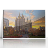 Acrylic print of Salt Lake City with white frame, in art deco style, showing muted blue and gray tones.