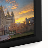 Extra large framed canvas of Salt Lake City with textured black skyline and colorful sunset, ideal for living room decor.