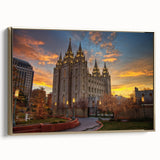 Framed canvas wall art featuring a vintage-style landscape painting of Salt Lake City in muted gold and black tones.