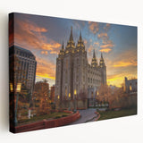 Salt Lake City skyline depicted in muted blues and grays on a large stretched canvas, suitable for kitchen wall art.
