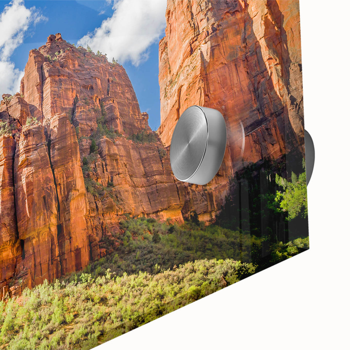 Large abstract depiction of Zion National Park in muted earth tones on acrylic glass, suitable for dining room art.