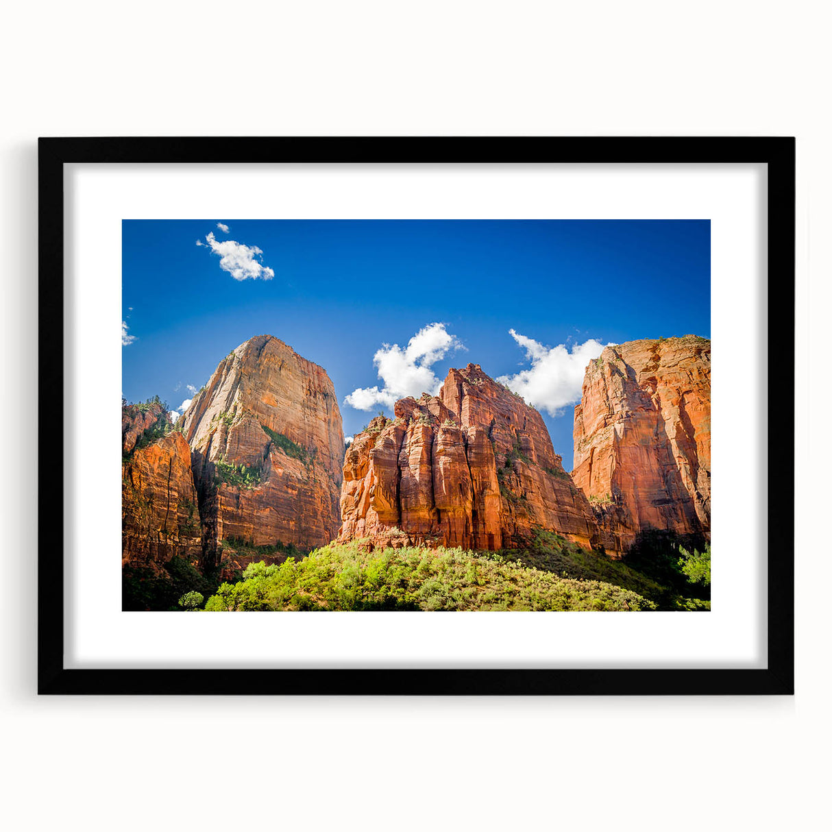 Extra large, textured abstract art print of Zion National Park in vibrant colors on a black framed canvas.