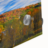 Large abstract wall art depicting Vermont scenery in muted earth tones on acrylic glass, suitable for dining room decor.