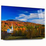 Acrylic print of a Vermont landscape in muted green and blue tones, ideal for bedroom or dining room art.