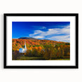 Abstract art print of Vermont scenery in colorful, textured style on extra large canvas, framed in black.