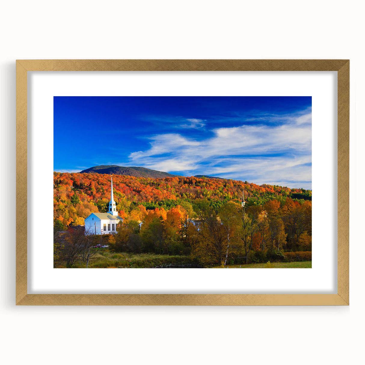 Extra large abstract art print of Vermont landscape in gold frame, featuring textured brush strokes in earthy tones.