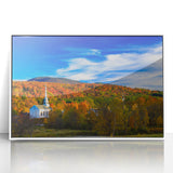 Art deco poster depicting a serene Vermont landscape in muted green and blue tones, acrylic print framed in white.