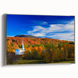 Framed canvas featuring a vintage landscape art painting of Vermont scenery in colorful autumn hues.
