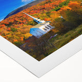 Art deco poster featuring a serene Vermont landscape in muted green and blue tones on rolled canvas.