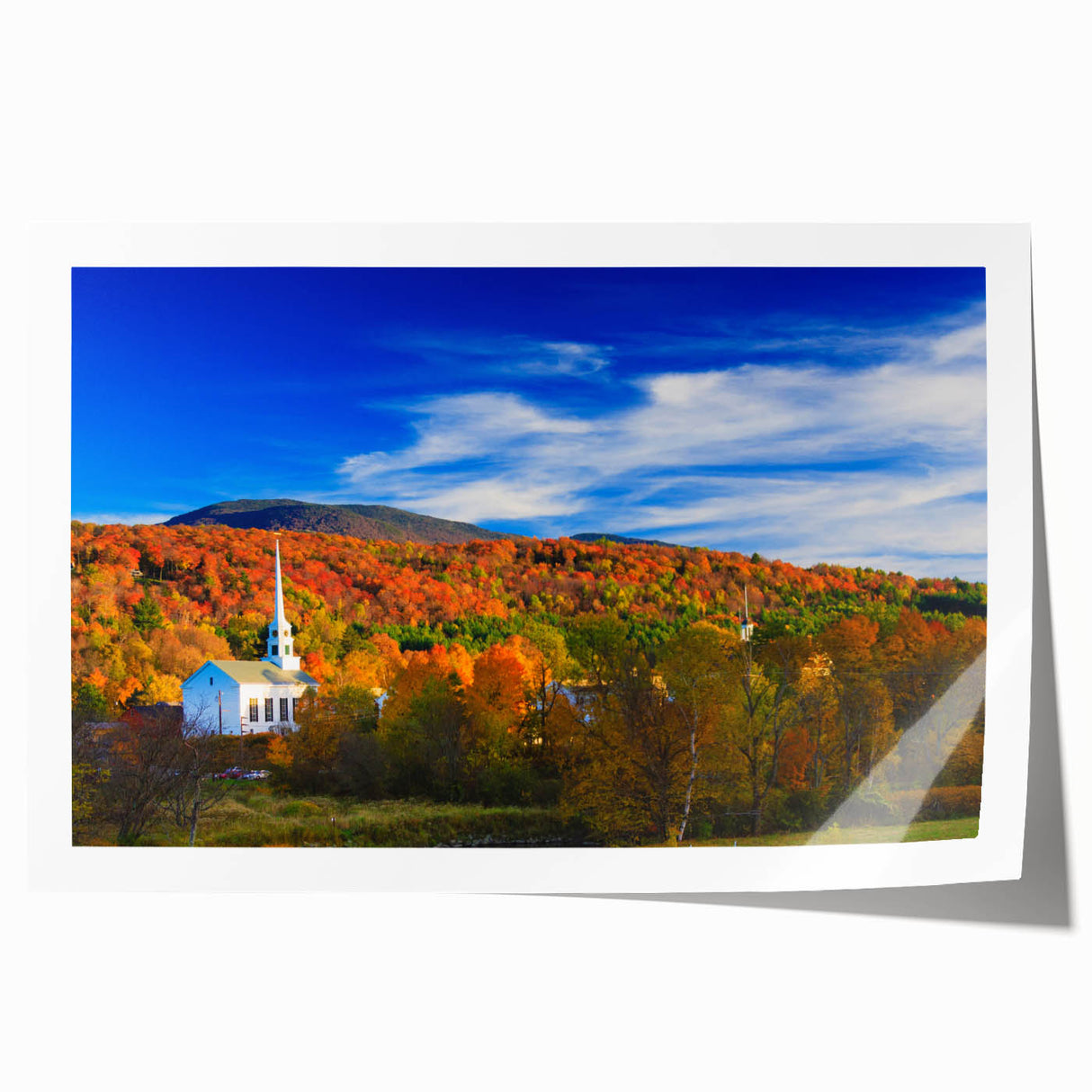 Rolled print of Vermont scenery with lush greenery and a tranquil lake, in soft natural hues, ideal for art wall dining room.