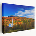 Large art depicting the Vermont scenery in muted green and blue shades on stretched canvas, ideal for kitchen wall art.