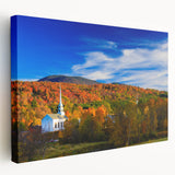 Large art depicting the Vermont scenery in muted green and blue shades on stretched canvas, ideal for kitchen wall art.