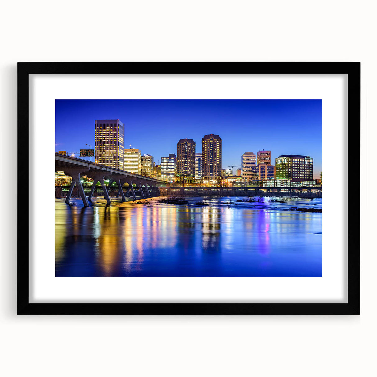 Abstract art print of vibrant, colorful Virginia scenery on a textured canvas, framed in black, ideal for living room decor.