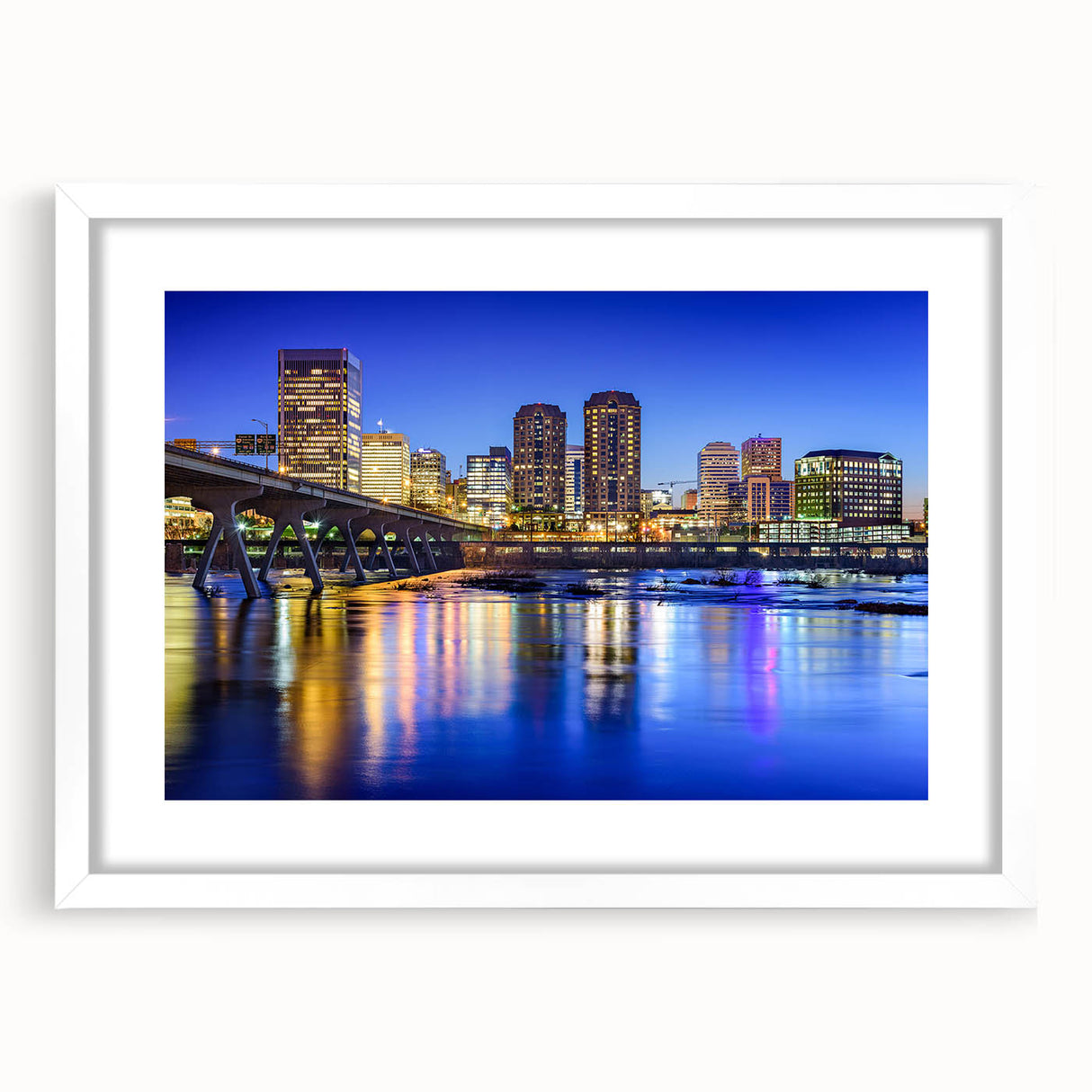 Abstract art print of Virginia scenery in muted green and blue tones on a white-framed mat, ideal for dining room decor.