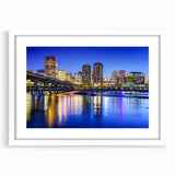 Abstract art print of Virginia scenery in muted green and blue tones on a white-framed mat, ideal for dining room decor.