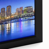 Close-up of a framed canvas featuring a textured depiction of Virginia scenery in black with colorful accents.