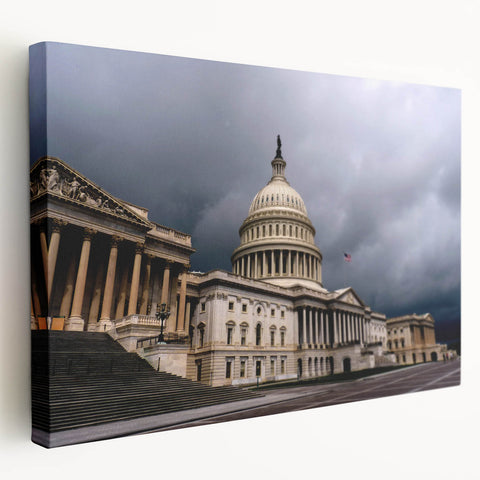 Washington DC Capitol depicted in muted gray tones on a large stretched canvas, suitable for kitchen wall art.