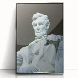 Mid-century modernist art of the Lincoln Memorial in muted gray and blue tones, acrylic print framed in silver.