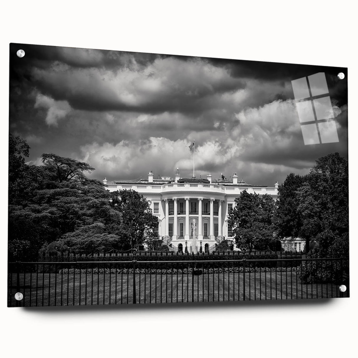 Acrylic print of the Washington DC skyline featuring the White House, rendered in muted colors.