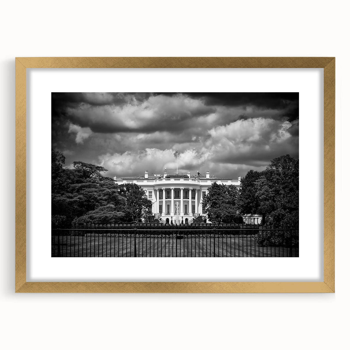 Extra large abstract art print of the White House in textured tones of gray and blue, framed in gold.