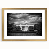 Extra large abstract art print of the White House in textured tones of gray and blue, framed in gold.