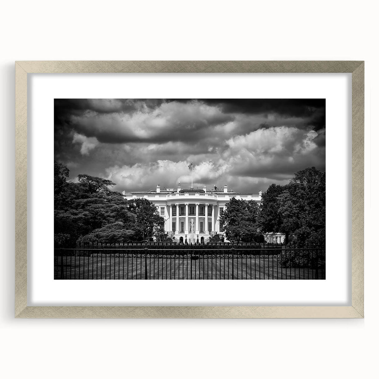 Textured art print of the Washington DC White House in abstract style with silver frame, ideal for bedroom art.