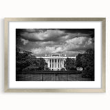 Textured art print of the Washington DC White House in abstract style with silver frame, ideal for bedroom art.