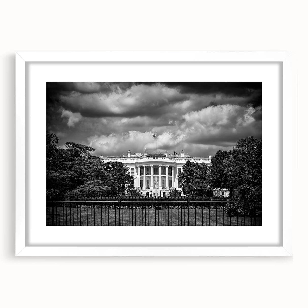 Abstract art print of the Washington DC White House in muted gray tones, framed with a white mat.