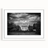 Abstract art print of the Washington DC White House in muted gray tones, framed with a white mat.