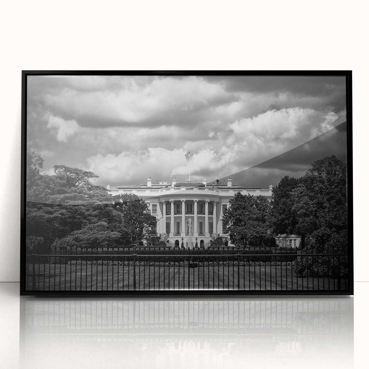 Large abstract wall art of the White House in muted gray and black tones on a framed acrylic, ideal for modern office decor.