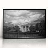 Large abstract wall art of the White House in muted gray and black tones on a framed acrylic, ideal for modern office decor.