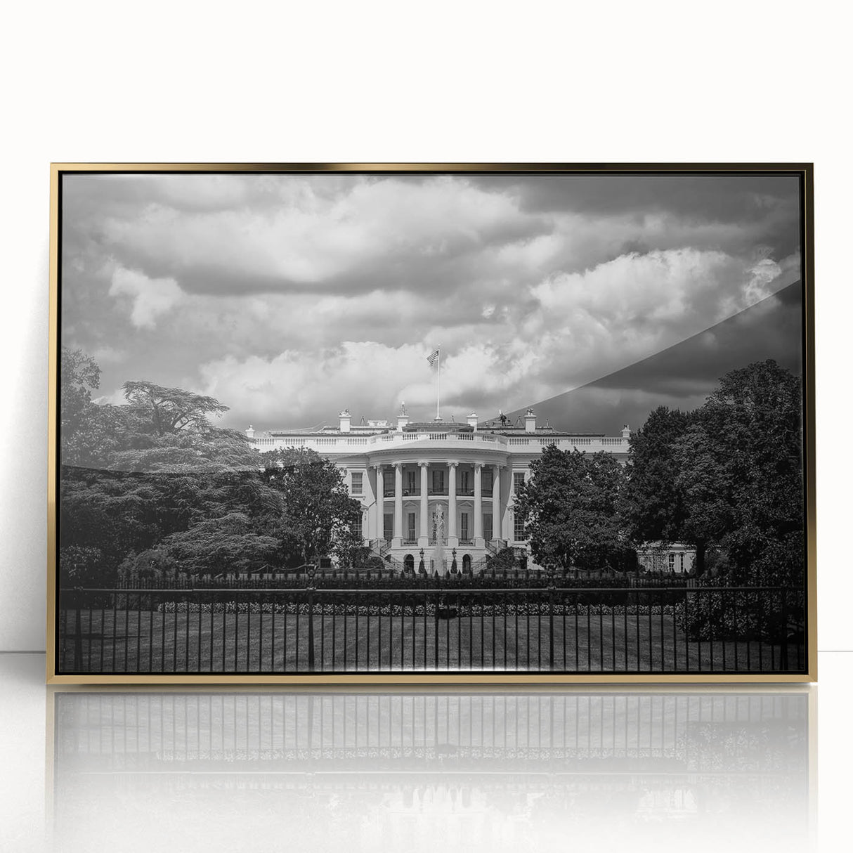 Acrylic print of the White House set in a gold frame, using mid-century modernist style, suitable for modern art wall decor.