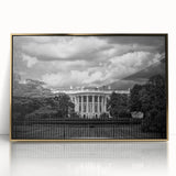 Acrylic print of the White House set in a gold frame, using mid-century modernist style, suitable for modern art wall decor.