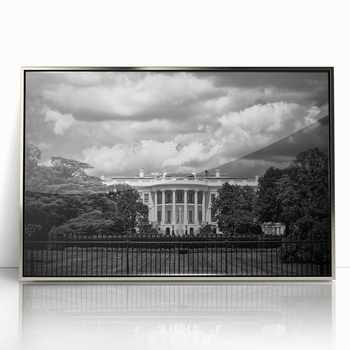 Mid-century modernist art of the White House in Washington DC, rendered in acrylic with a silver frame.