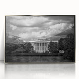 Mid-century modernist art of the White House in Washington DC, rendered in acrylic with a silver frame.