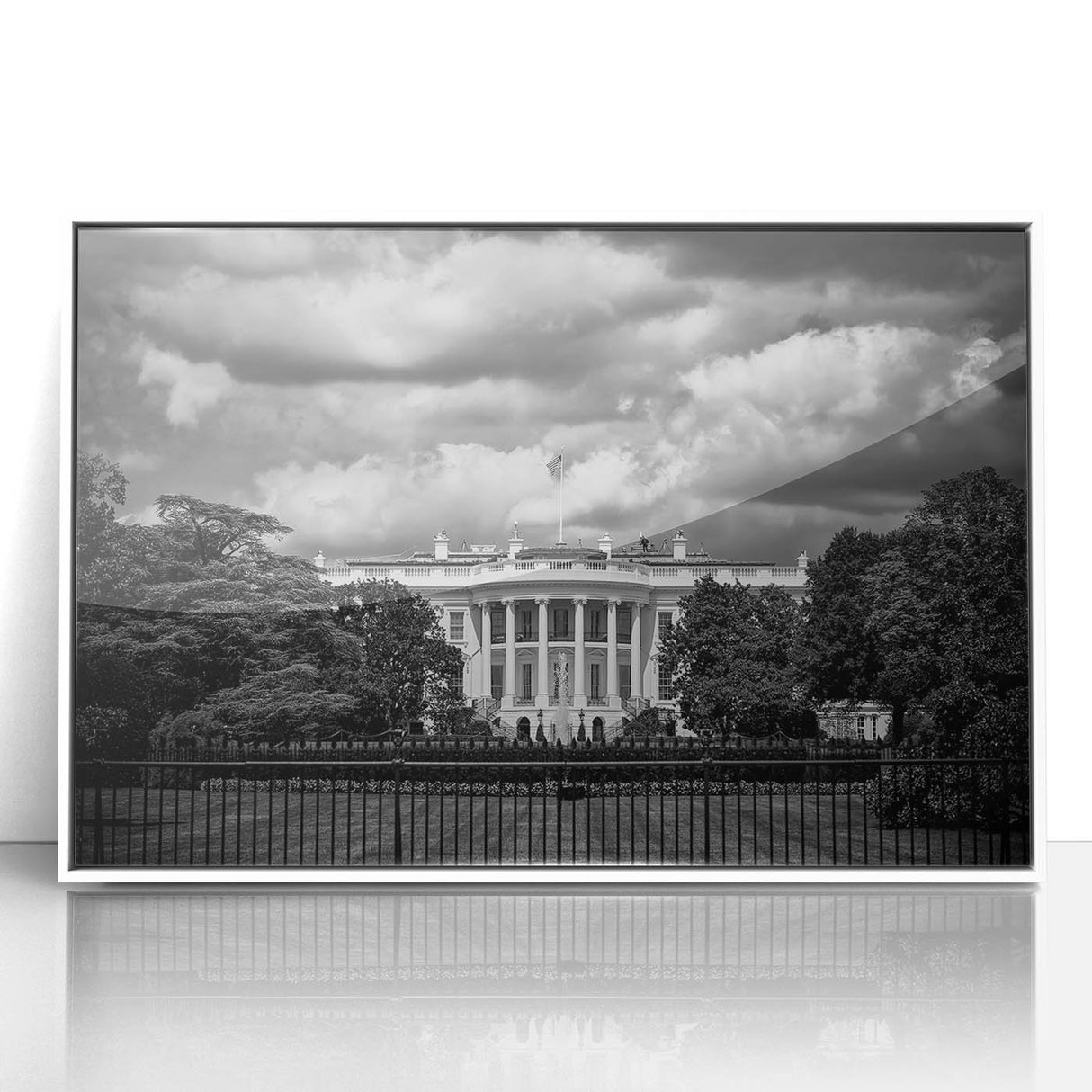 Acrylic print of the White House in Washington DC with muted gray tones, ideal for modern art wall decor in a nursery.