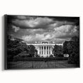 Black and white wall art of the White House in a vintage poster style on framed canvas, suitable for bedroom decor.
