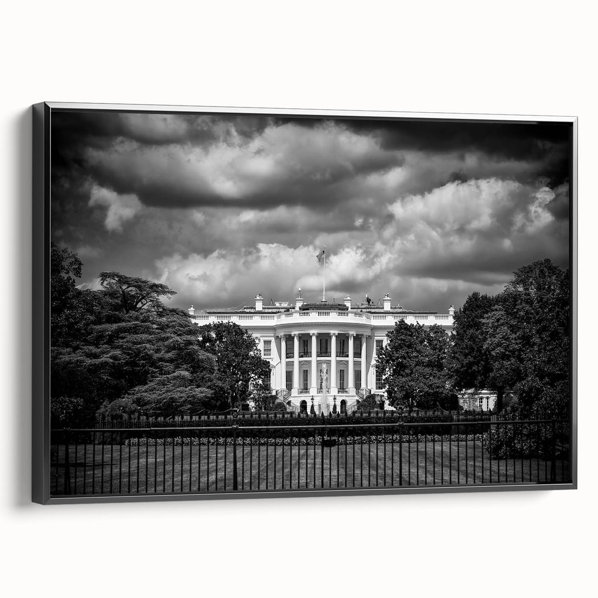 Black and white wall art of the White House in a vintage poster style on framed canvas, suitable for bedroom decor.