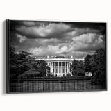 Black and white wall art of the White House in a vintage poster style on framed canvas, suitable for bedroom decor.
