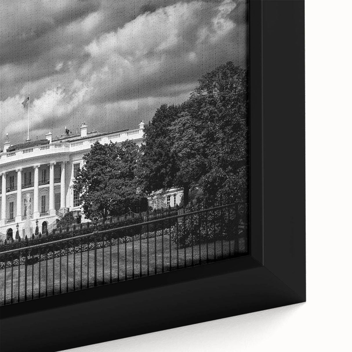 Extra large framed canvas of a textured depiction of the White House, with a black and colorful palette.