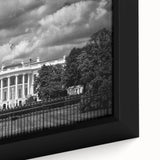 Extra large framed canvas of a textured depiction of the White House, with a black and colorful palette.