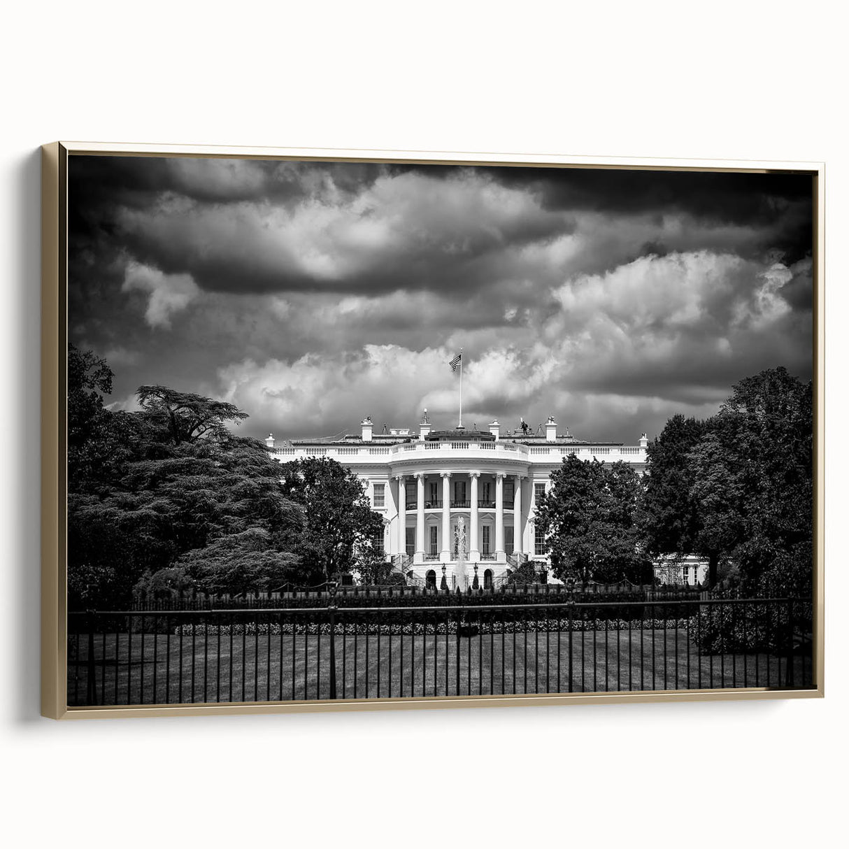 Framed canvas featuring a vintage-style landscape painting of the White House in muted gold and black tones.