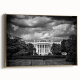 Framed canvas featuring a vintage-style landscape painting of the White House in muted gold and black tones.